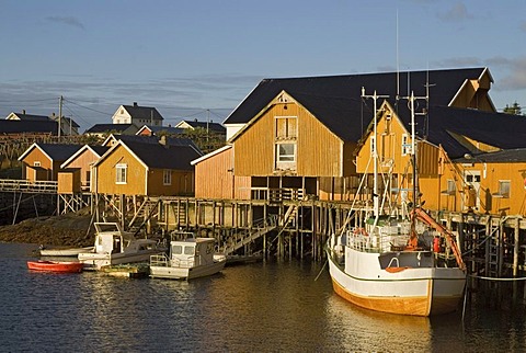 Boats in the harbor of SorvÃ‚gen, Sorvagen, island of Moskenesoy, Moskenesoy, Lofoten archipelago, Nordland, Norway, Europe