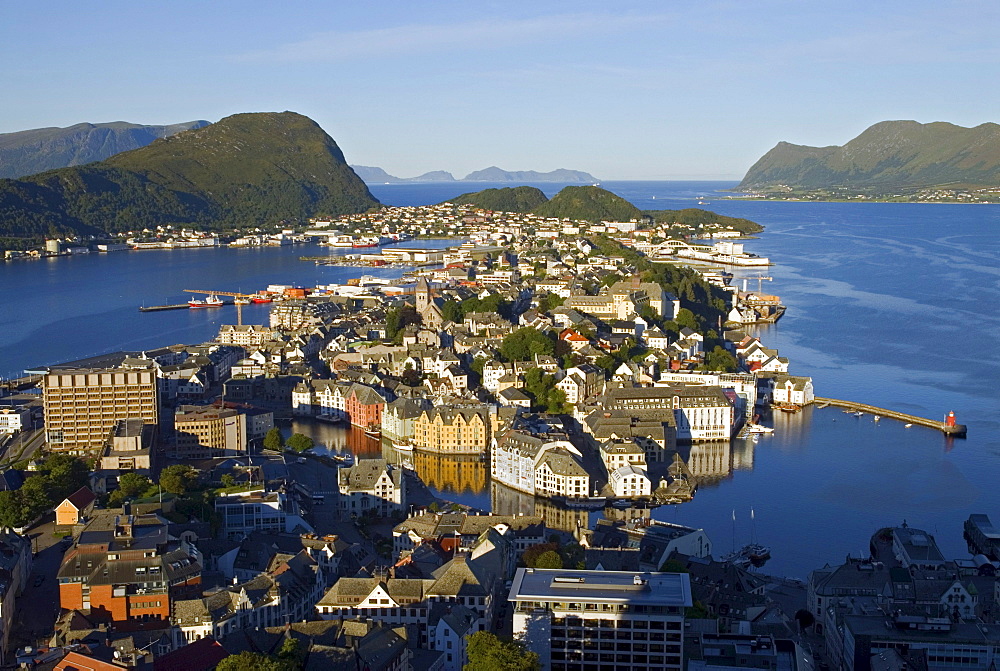 Alesund, Alesund surrounded by the Norwegian Sea seen from the viewpoint on Aksla hill, Moere og Romsdal, Norway, Europe