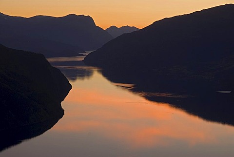 Sunset behind Innvikfjord, a part of Nordfjord, Solvberg, Solvberg, BlaksÃŠter, Blaksaeter, Sogn of Fjordane, Norway, Europe