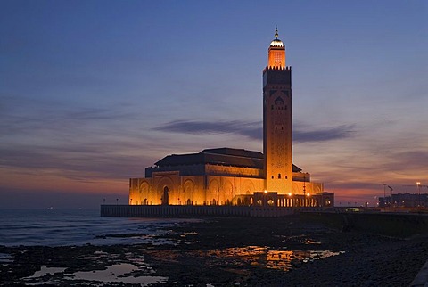 The floodlit Hassan II Mosque at the coast of the Atlantic Ocean at the blue hour in the morning, Casablanca, Morocco, Africa