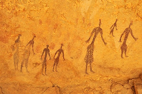 Painted people, neolithic rock art at Tin Meskis, Adrar n'Ahnet, Algeria, Sahara, North Africa