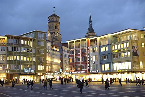 Marktplatz square at the Town Hall at the blue hour in winter, with the steeples of the Collegiate Church at the rear, Stuttgart, Baden-Wuerttemberg, Germany, Europe