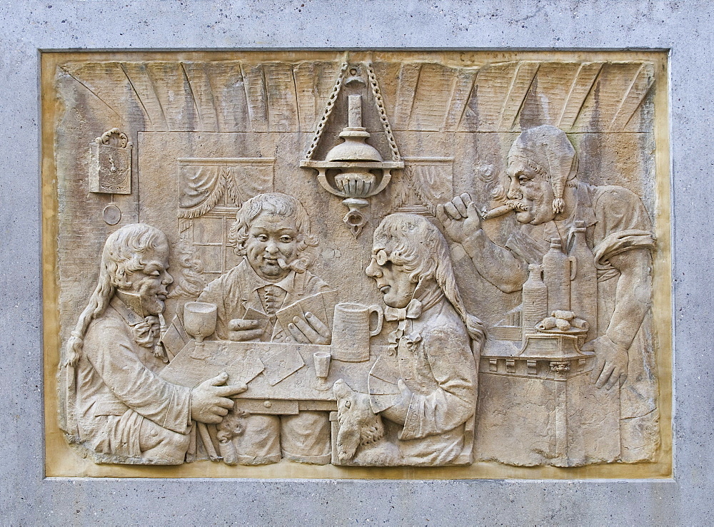 Stone tablet, relief, card players in the inn, Koblenz, Rhineland-Palatinate, Germany, Europe, PublicGround