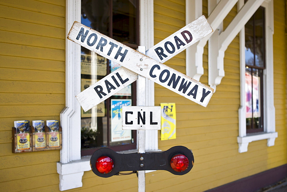 Information board of a railroad crossing, Conway Scenic Railroad, Conway, New Hampshire, USA