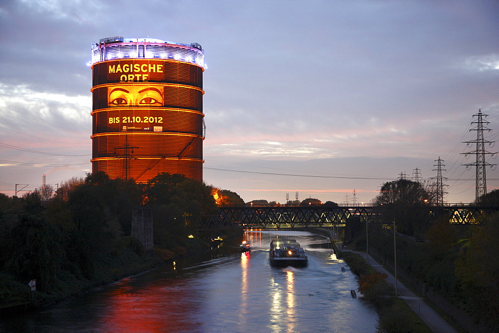 Gasometer with the exhibition Magische Orte, Magical Places, on the Rhine-Herne Canal, Oberhausen, Ruhr Area, North Rhine-Westphalia, Germany, Europe