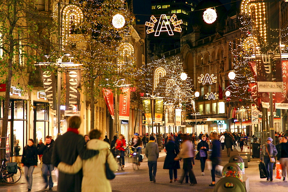 Shopping street in evening, pedestrian area, Meir, city centre of Antwerp, Flanders, Belgium, Europe