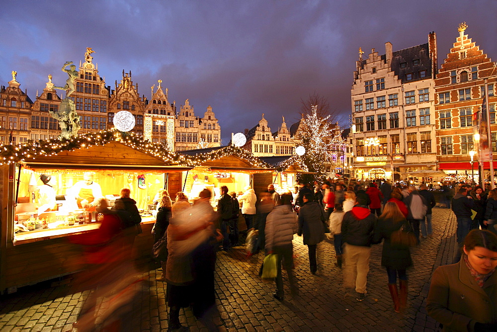 Christmas market at the town hall on Grote Markt, surrounded by old guild houses, historic centre of Antwerp, Flanders, Belgium, Europe