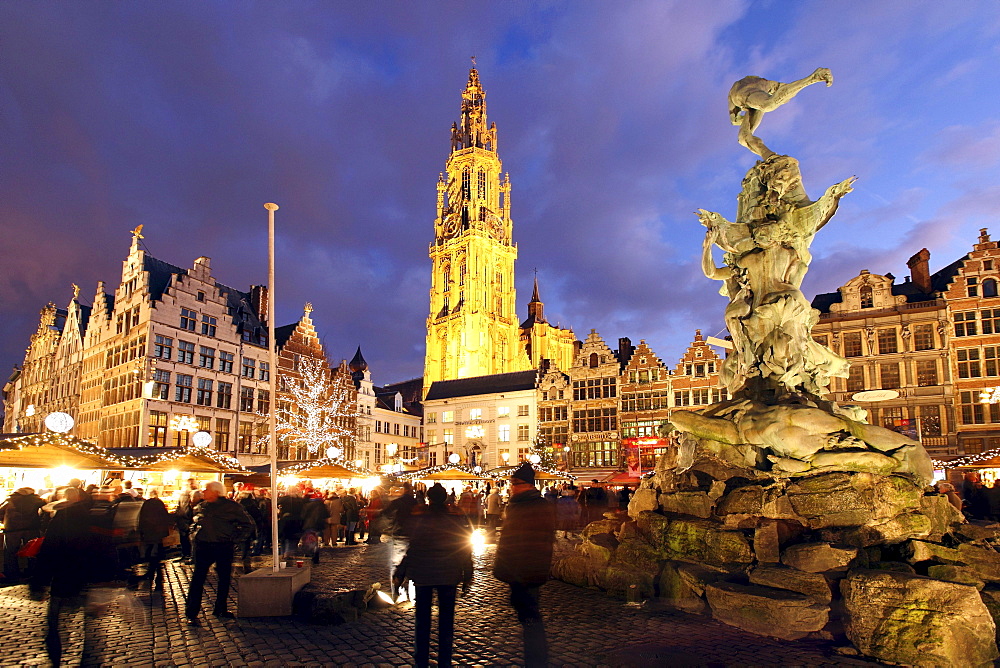 Christmas market at the town hall on Grote Markt, surrounded by old guild houses, historic centre of Antwerp, Flanders, Belgium, Europe