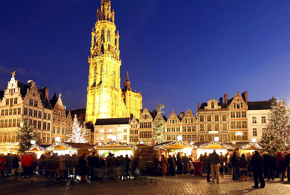 Christmas market at the town hall on Grote Markt, surrounded by old guild houses, historic centre of Antwerp, Flanders, Belgium, Europe