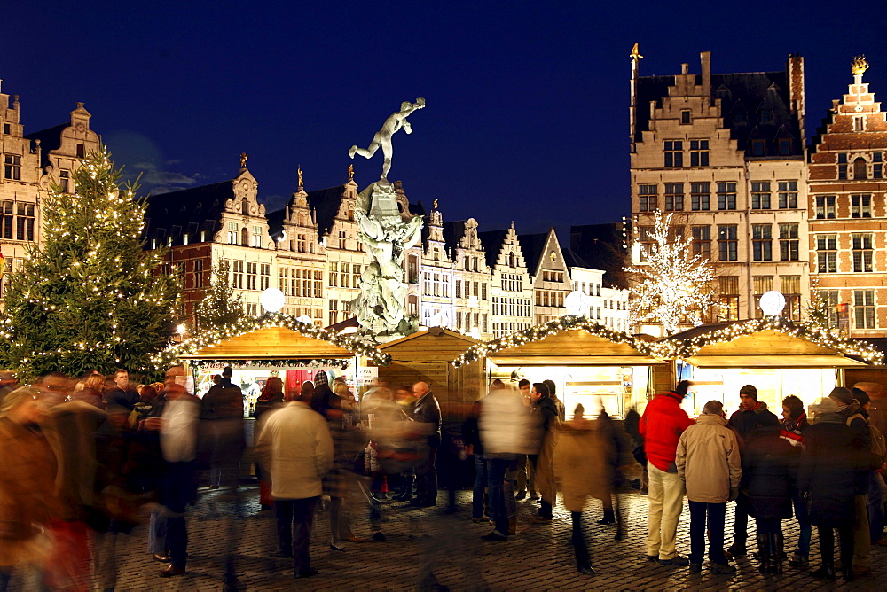 Christmas market at the town hall on Grote Markt, surrounded by old guild houses, historic centre of Antwerp, Flanders, Belgium, Europe