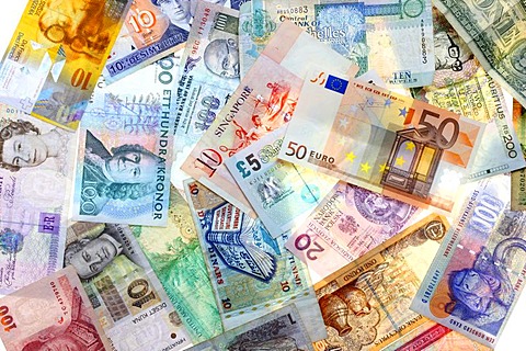 Banknotes, different currencies from around the world, foreign exchange