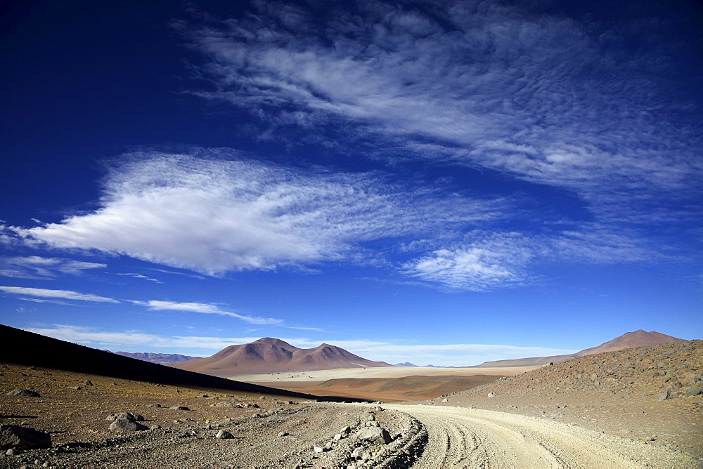 Dirt track in Andina Eduardo Abaro National Park, Altiplano, Potosi, southern Bolivia, South America