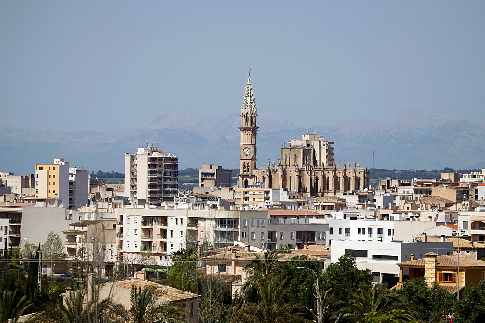 View of Manacor and the neo-Gothic church Dolores de Nostra Senyora, Nuestra Senyora dels Dolors, with its bell tower, Torre Rubi, 80 metres, Majorca, Balearic Islands, Spain, Europe