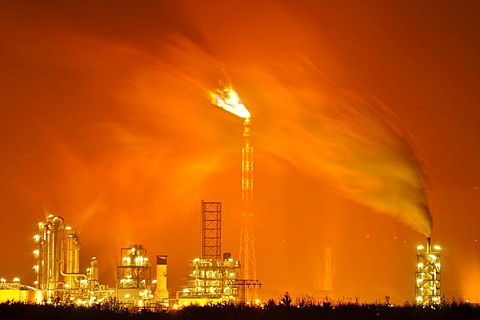 A chemical plant in Leipzig at night, Saxony, Germany, Europe