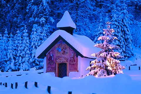 Kapelle Elmau chapel, christmas tree, dusk, Bavaria, Germany, Europe