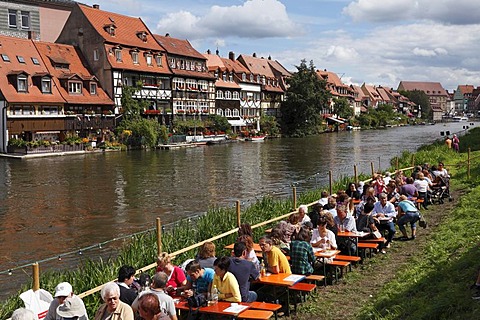 Klein-Venedig, little Venice, Regnitz river during Sandkerwa, folk festival, Bamberg, Upper Franconia, Franconia, Bavaria, Germany, Europe, PublicGround