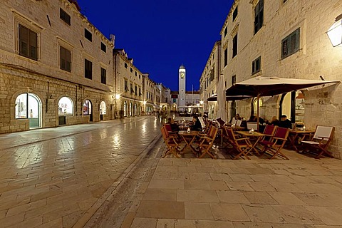 Restaurant in the old town of Dubrovnik at night, UNESCO World Heritage Site, bell tower and Sponza Palace at back, central Dalmatia, Dalmatia, Adriatic coast, Croatia, Europe, PublicGround