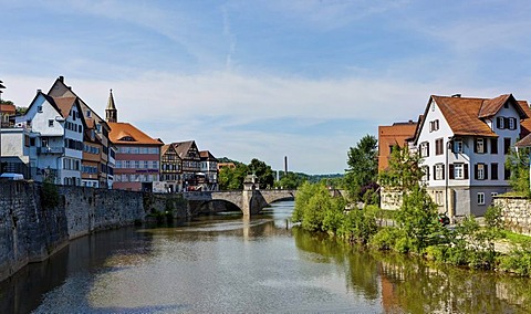 View towards Schwaebisch Hall on the Kocher River, Henkersbruecke, Hangman's Bridge, Baden-Wuerttemberg, Germany, Europe, PublicGround