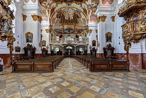 Inner hall with frescoes by C. Thomas Scheffler, Heilig-Kreuz-Kirche church, Landsberg am Lech, Bavaria, Germany, Europe