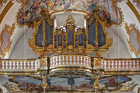 Inner hall with frescoes by C. Thomas Scheffler, Heilig-Kreuz-Kirche church, Landsberg am Lech, Bavaria, Germany, Europe