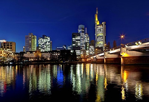 Skyline of Frankfurt at night, star effect, Commerzbank, Hessische Landesbank, Deutsche Bank, European Central Bank, Sparkasse, DZ Bank, Frankfurt am Main, Hesse, Germany, Europe, PublicGround