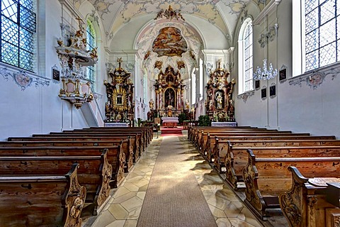 Interior view, monastery church, Kloster Wessobrunn Abbey, Pfaffenwinkel, Upper Bavaria, Bavaria, Germany, Europe