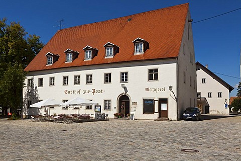 "Zur Post", inn and butcher's shop, Steingaden, Upper Bavaria, Bavaria, Germany, Europe, PublicGround