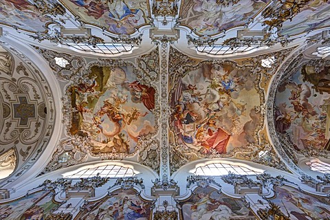 Ceiling paintings in the magnificent parish church of St. John the Baptist, old Premonstratensian abbey church, Steingaden, Upper Bavaria, Bavaria, Germany, Europe