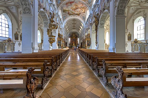 Interior view of the magnificent parish church of St. John the Baptist, old Premonstratensian abbey church, Steingaden, Upper Bavaria, Bavaria, Germany, Europe