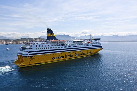 A ferry of Corsica Ferries leaving the port of Ajaccio, Corsica, France, Europe