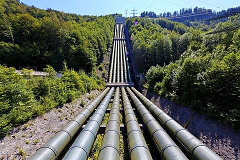 E.ON Walchensee or Lake Walchen Power Plant Experience, Walchensee hydroelectric power plant, pipes between Lake Walchen and Kochelsee Lake or Lake Kochel, Upper Bavaria, Bavaria, Germany, Europe