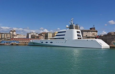 Mega yacht belonging to the billionaire Andrei Melnichenko, designed by Philippe Starck, in the port of Civitavecchia, Rome, Italy, Europe