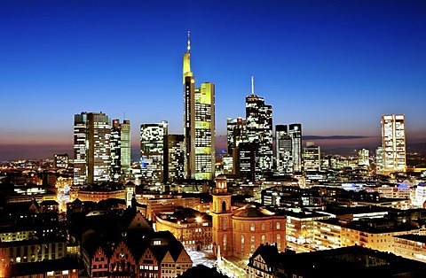 Frankfurt skyline at dusk, with buildings of Commerzbank, Hessische Landesbank, Deutsche Bank, European Central Bank, ECB, Skyper, Sparkasse, DZ Bank, Frankfurt am Main, Hesse. Germany, Europe