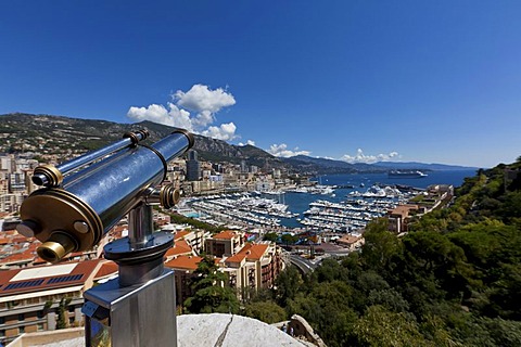 Telescope overlooking the harbour of Monaco, Port Hercule, Monte Carlo, Principality of Monaco, Cote d'Azur, Mediterranean Sea, Europe, PublicGround