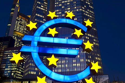 Euro symbol in front of the ECB building, European Central Bank, at night, Frankfurt am Main, Hesse, Germany, Europe