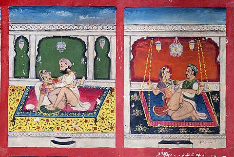 Scenes from the Kama Sutra, Juna Mahal, Old Palace, Dungarpur, Rajasthan, India, Asia