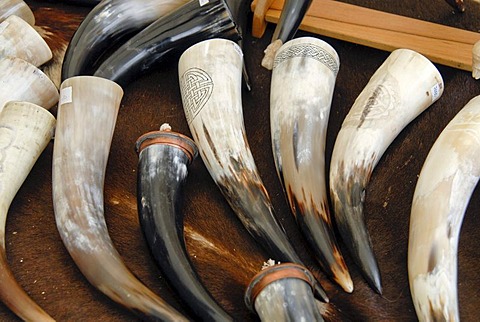 Drinking horns, Viking festival, Hafnarfjoerï£¿ur, West Iceland, Iceland, Europe