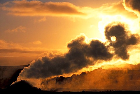 Sunrise with steam coming off Solfatara volcano, Namafjall, Namaskarï£¿ or Namaskard, Hverir, MËvatn or Myvatn, Iceland, Europe