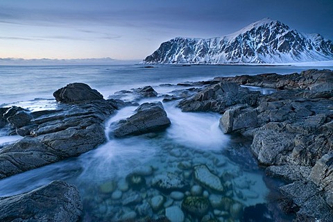 Evening mood at Skagsanden, beach near Flakstad, Flakstadsoya, Lofoten Islands, Nordland, Norway, Europe