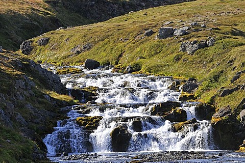 Waterfall near Hesteyri, Hesteyrarfjoerï£¿ur or Joekulfirï£¿ir, Hornstrandir hiking paradise, Westfjords, Iceland, Europe