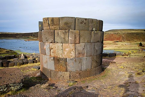 Sillustani pre-Incan burial ground, on the shores of Lake Umayo near Puno, Peru, South America