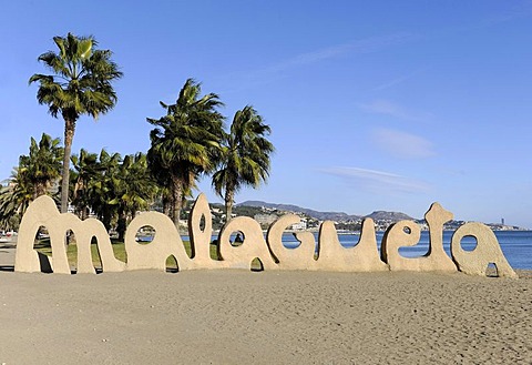 Malagueta, lettering made of sand, Malaga, Spain, Europe