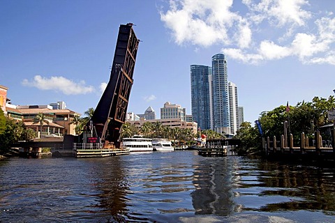 New River with bascule bridge and skyline of Fort Lauderdale, Florida, USA