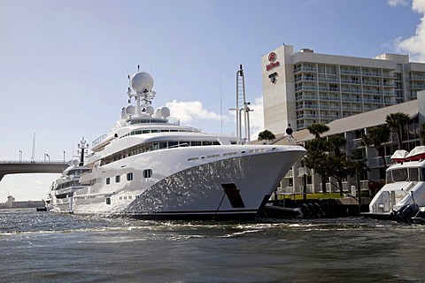 Luxury yacht Pegasus moored in front of the Hilton Hotel in Fort Lauderdale, Florida, USA