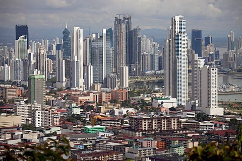 Cityscape and skyline of Panama City, seen from Cerro Ancon Mountain, Panama, Central America