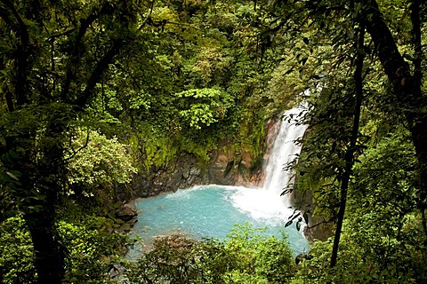 Waterfall with the blue waters of the Rio Celeste in Volcan Tenorio National Park, Costa Rica, Central America