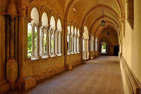 Cloister with double columns of the Gothic basilica of the Cistercian monastery Fossanova Abbey, near Priverno, Lazio, Italy, Europe