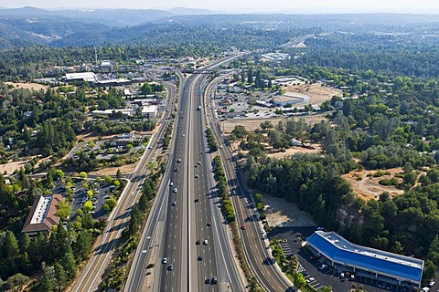 Interstate 80 highway, heading south, aerial view east of Sacramento, Auburn, California, USA, North America