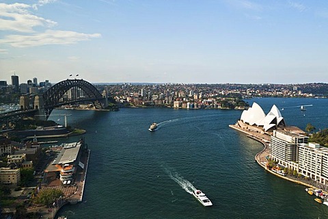 Sydney Cove, with the Opera House and Sydney Harbour Bridge in the harbour, Sydney, New South Wales, Australia