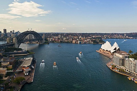 Sydney Cove, with the Opera House and Sydney Harbour Bridge in the harbour, Sydney, New South Wales, Australia